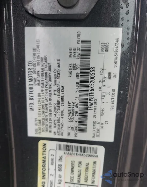 2019 Ford Mustang z USA, uszkodzony, nr VIN 1FA6P8TH6K5200558